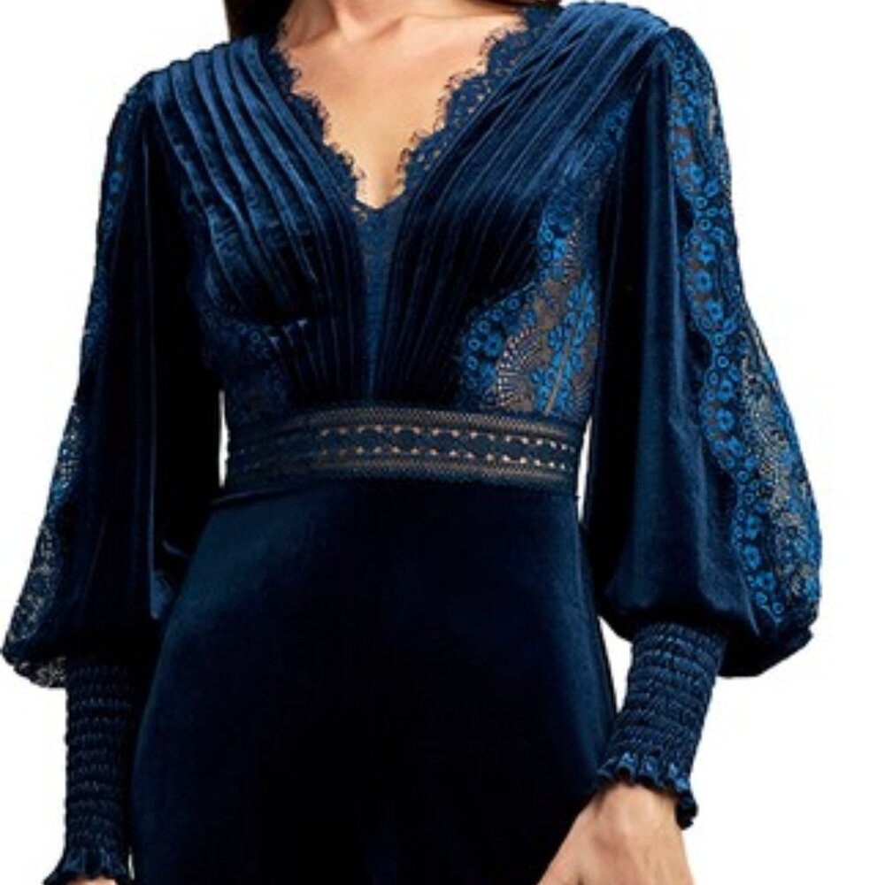 Tadashi Shoji Navy Blue Lace Detail Long Sleeve Velvet Jumpsuit